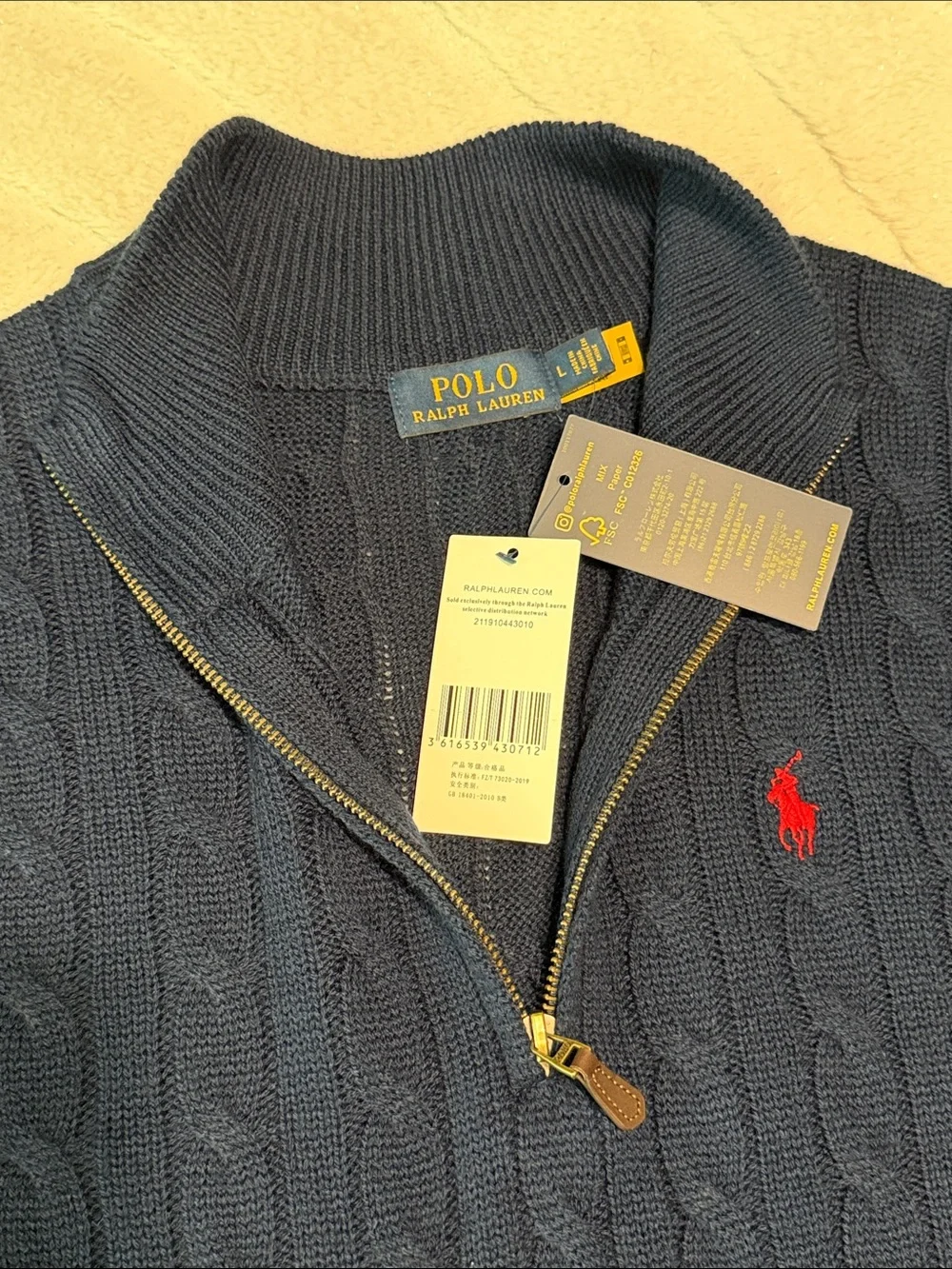 Polo by Ralph Lauren Navy Cable-Knit Quarter-Zip Sweater with Red Pony - Picture 4 of 4